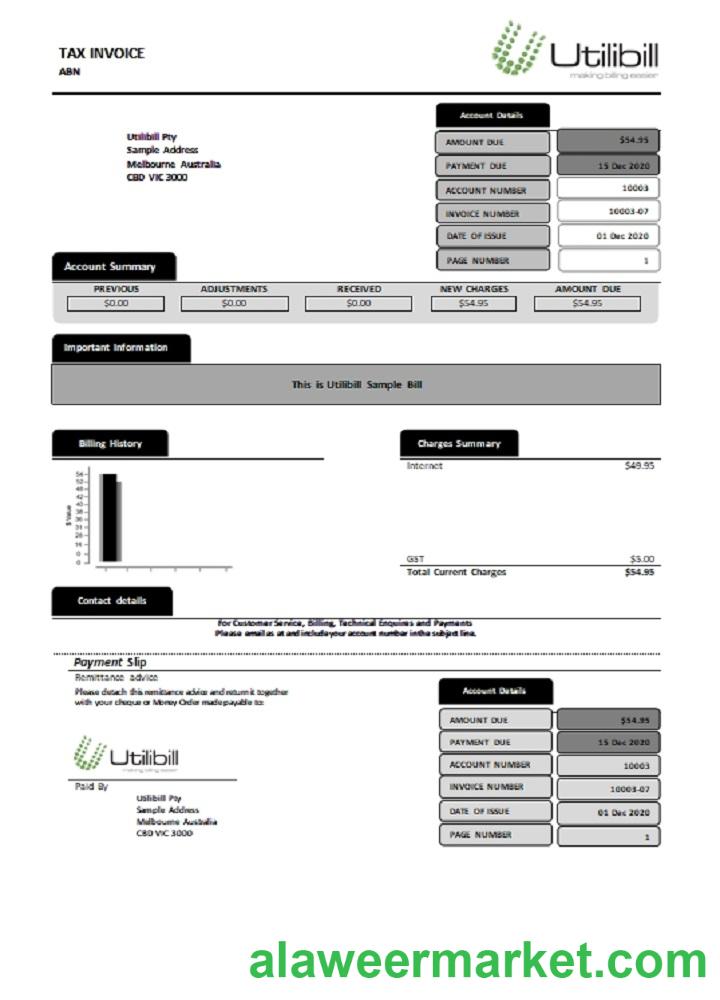 Australia Utilibill easy to fill template in Word and PDF format (.doc and .pdf)
